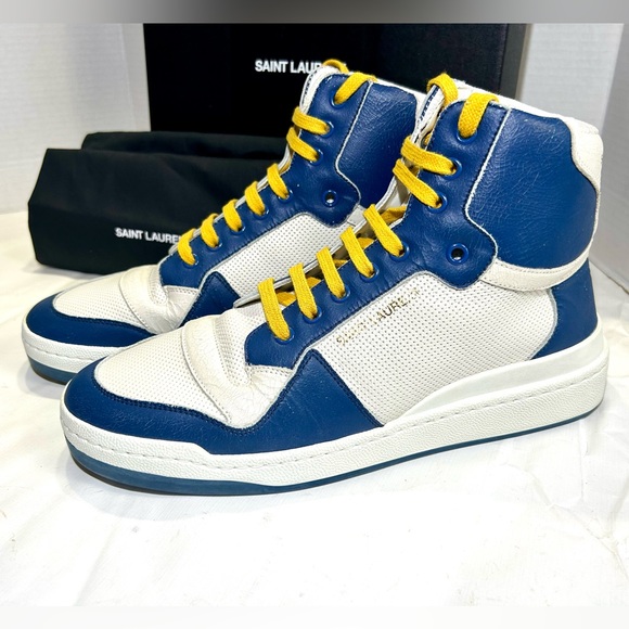 NEW SAINT LAURENT YSL SL/24 LEATHER SNEAKERS MID TOP WHITE BLUE SZ 42 61… - Picture 7 of 16